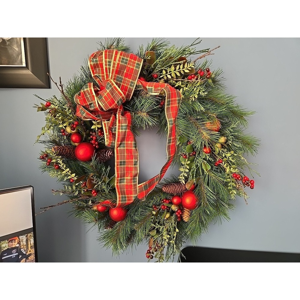 Oversized 24" Pinecone and Berry Christmas Holiday Wreath Plaid Bow